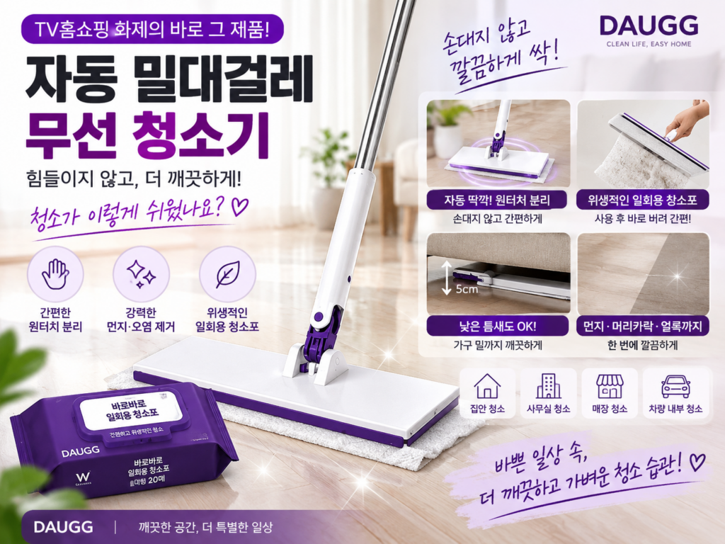 [홈쇼핑] 자동 딸깍 바로바로 밀대걸레 대형 청소기 노터치 핸디 일회용 청소포용 밀대걸레 원터치 분리 막대걸레 극세사 밀대 정전기포 제품 이미지