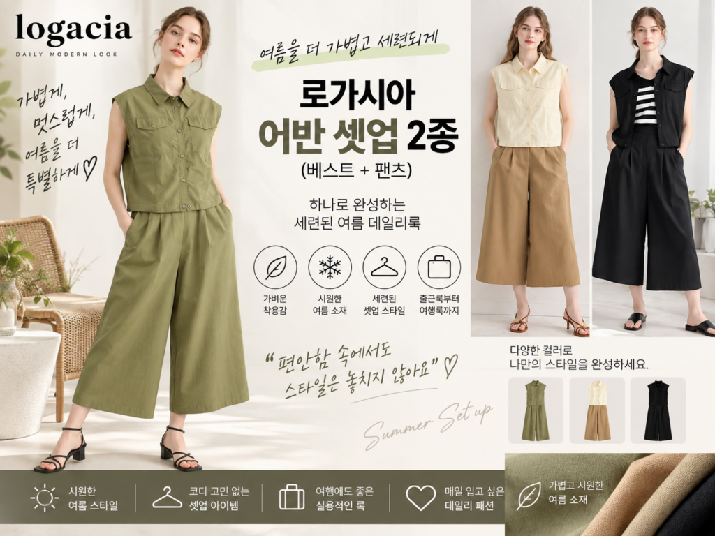 [로가시아 25SS 어반 셋업 2종(베스트+팬츠)] 시원하고 편안한 여성 썸머 트레이닝 상하의 세트 추천 제품 이미지